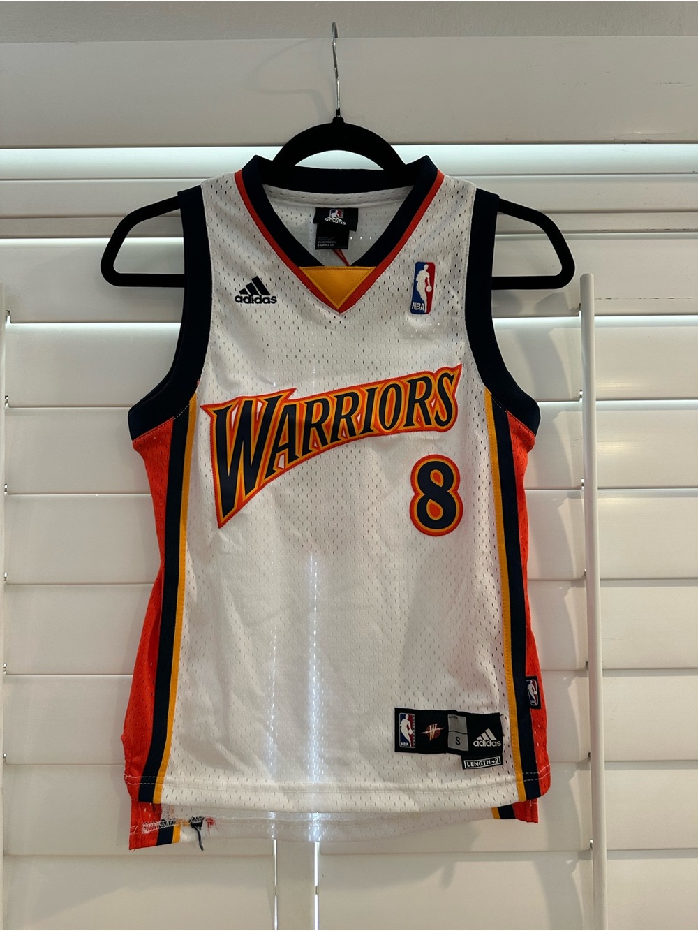 adidas White Warriors NBA Mesh Jersey with Navy & Orange Trim